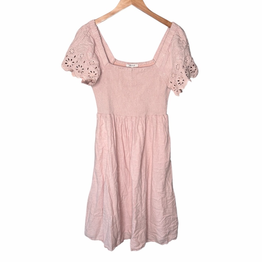 Madewell Linen-Blend Eyelet-Sleeve Lucie Smocked Midi Dress - Wisteria Dove - Picture 4 of 13
